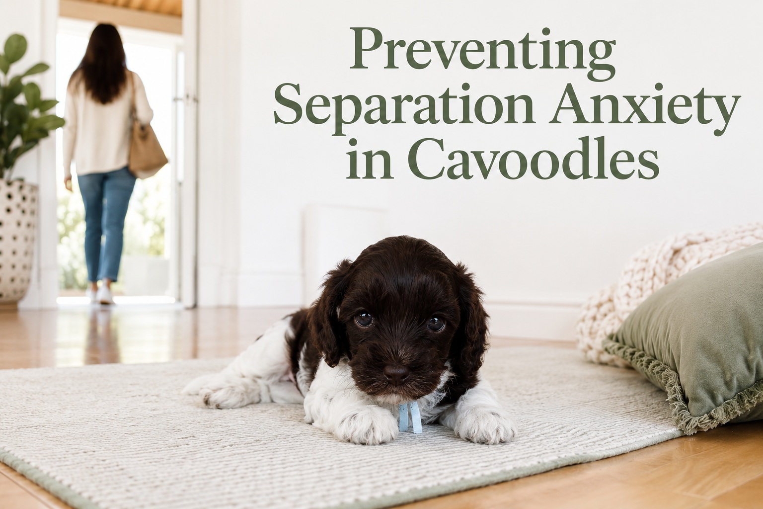 Cavoodle puppy relaxing calmly at home during independence training